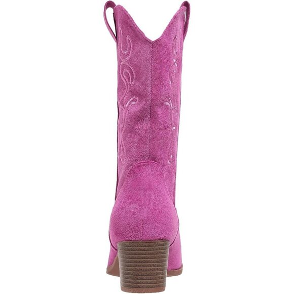 Women Pink Suede Mid Calf Chunky Block Heel Western Embroidered Cowgirl Boot - Picture 4 of 6